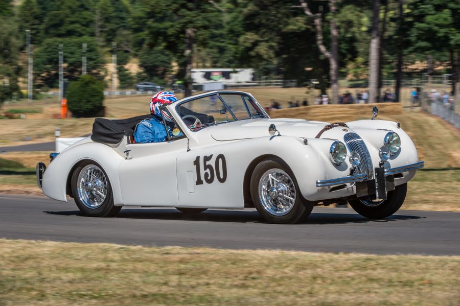 Image of a classic Jaguar XK competing in the hill climb at Chateaux Impney during the launch of Cambridge & Counties Bank's Classic Car Finance division